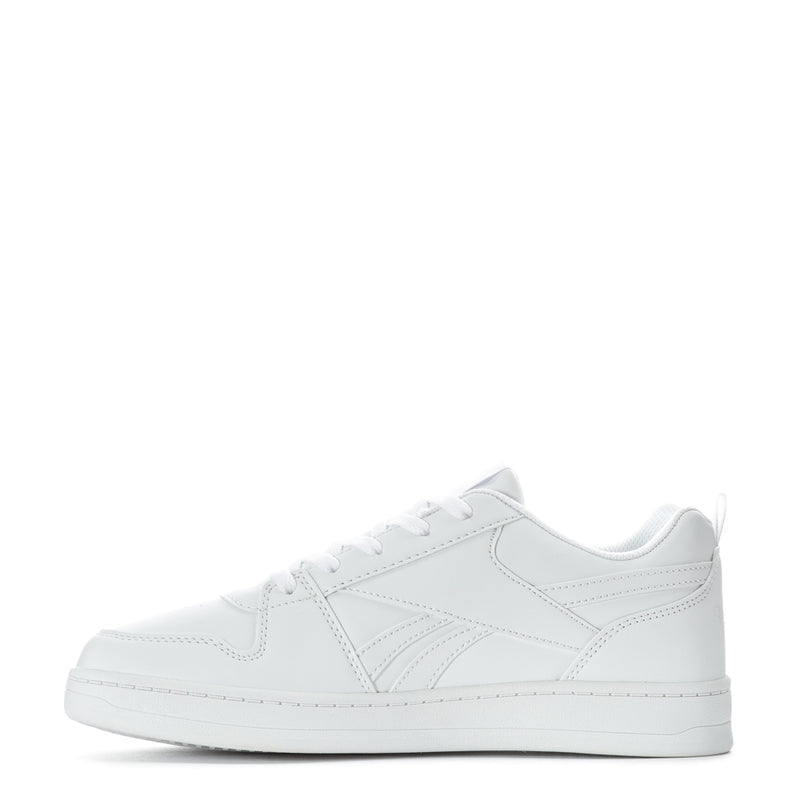 White youth lace-up sneakers with sculpted side stripes and smooth rubber cupsole
