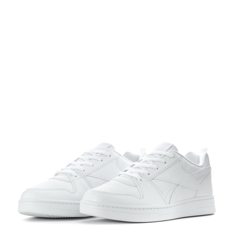 Pair of white youth lace-up sneakers with stitched uppers and low rubber soles