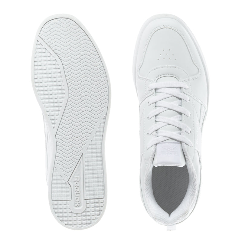 White sneaker outsole and upper view with lace-up design and cushioned collar