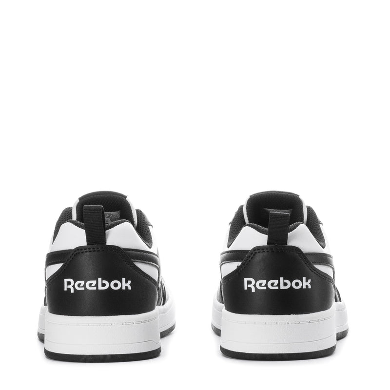 Youth Reebok sneakers heel view, black uppers with Reebok branding and white midsole