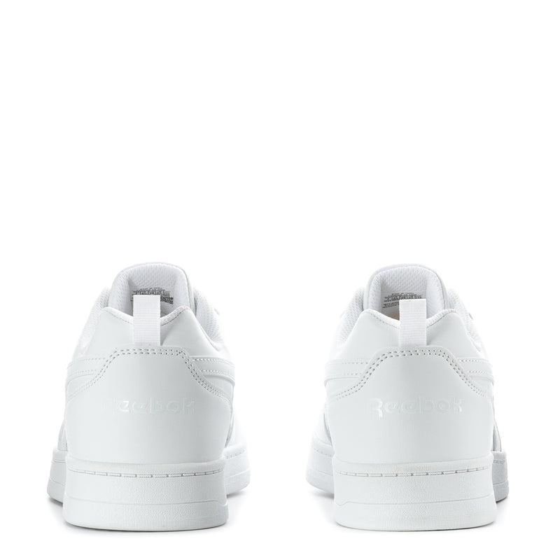 White youth sneakers with rear heel tab, padded collar, and lace-up closure