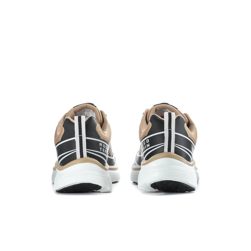 Men's tan and black sneakers with white midsole and rear pull tabs