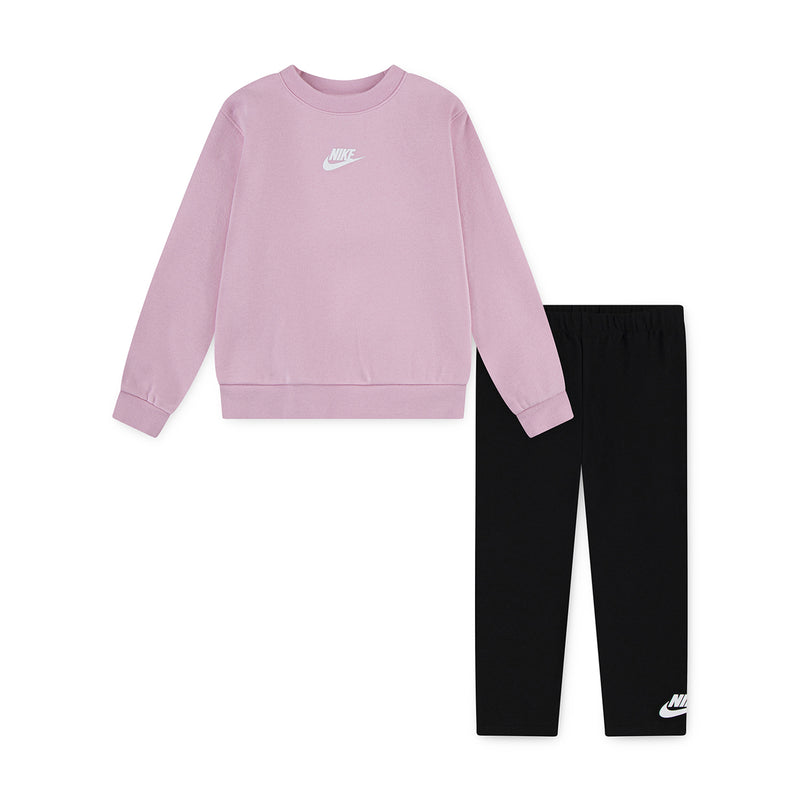 Kids light pink crewneck sweatshirt and black leggings set with Nike logo