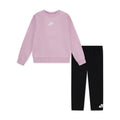 Kids light pink crewneck sweatshirt and black leggings set with Nike logo