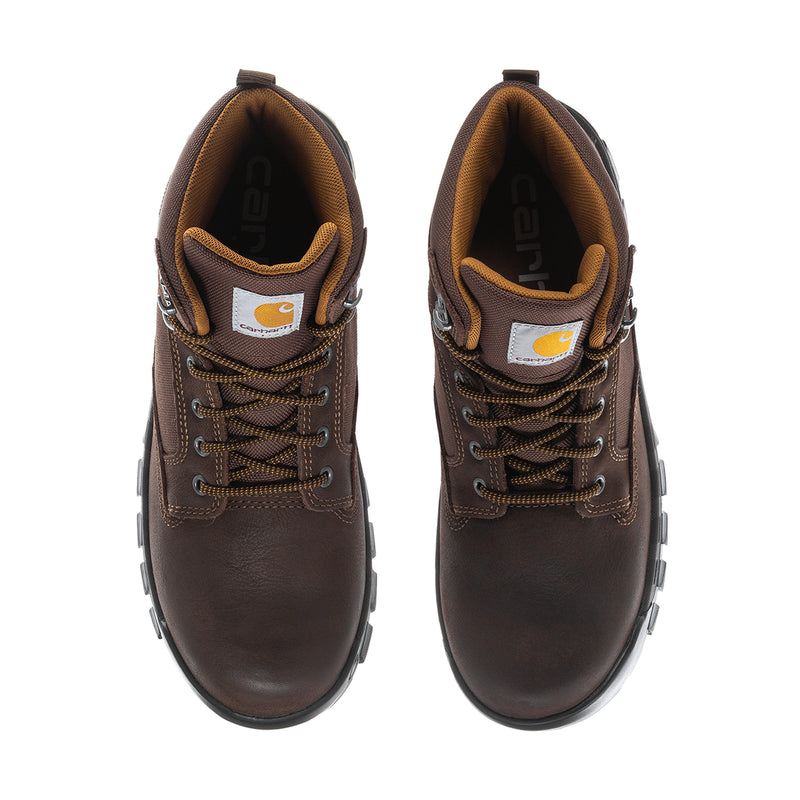 Brown men's waterproof work boots, front view, lace-up with padded collar