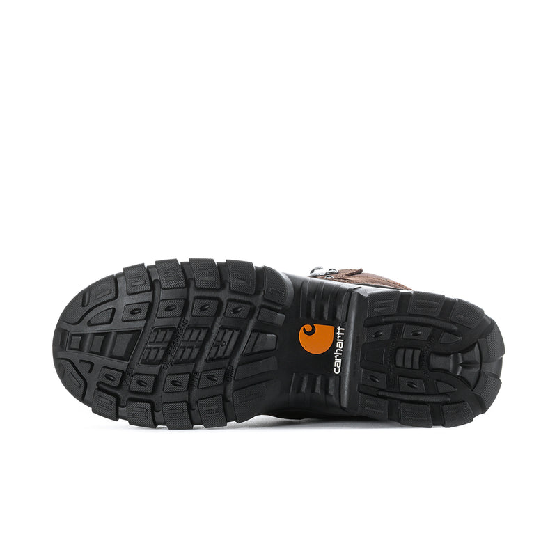 Brown waterproof work boot outsole tread, rugged traction sole, Carhartt logo
