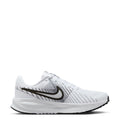 Women's running shoe side view in white with black Swoosh and sculpted midsole