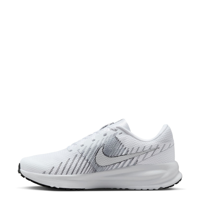 Women's running shoe in white with black Swoosh and textured knit upper