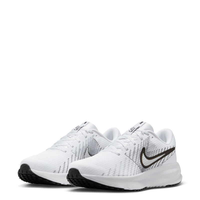 Women's running shoes, white knit upper with black Swoosh and cushioned midsole