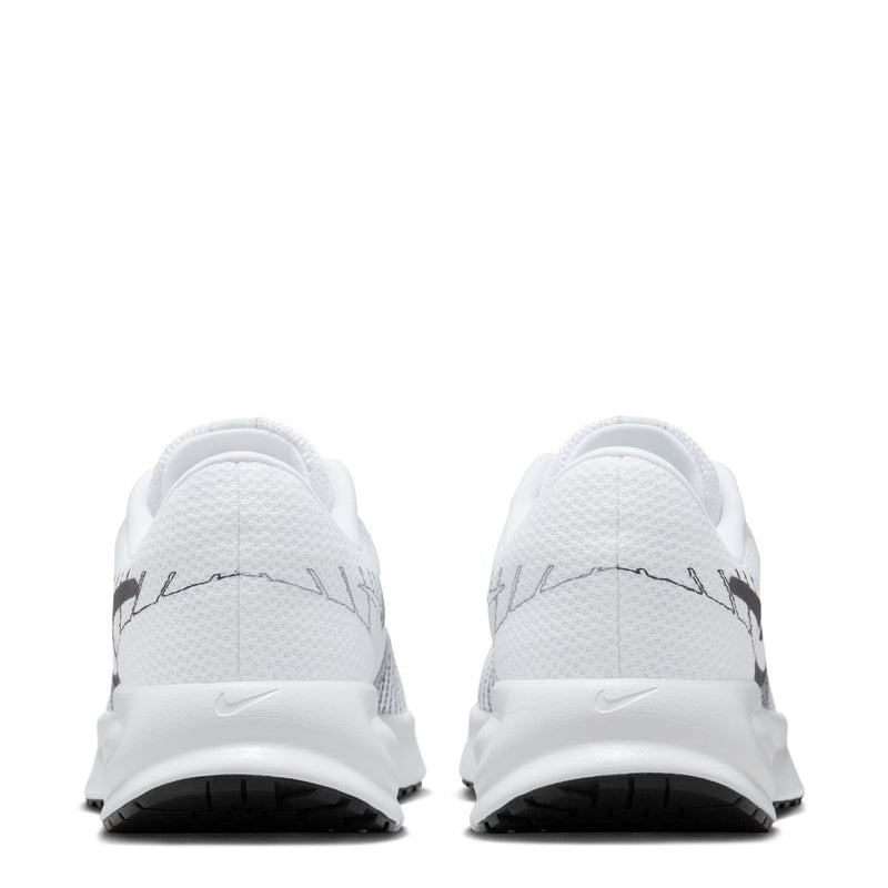 Women's running shoes rear view with white knit fabric and black outsole detail
