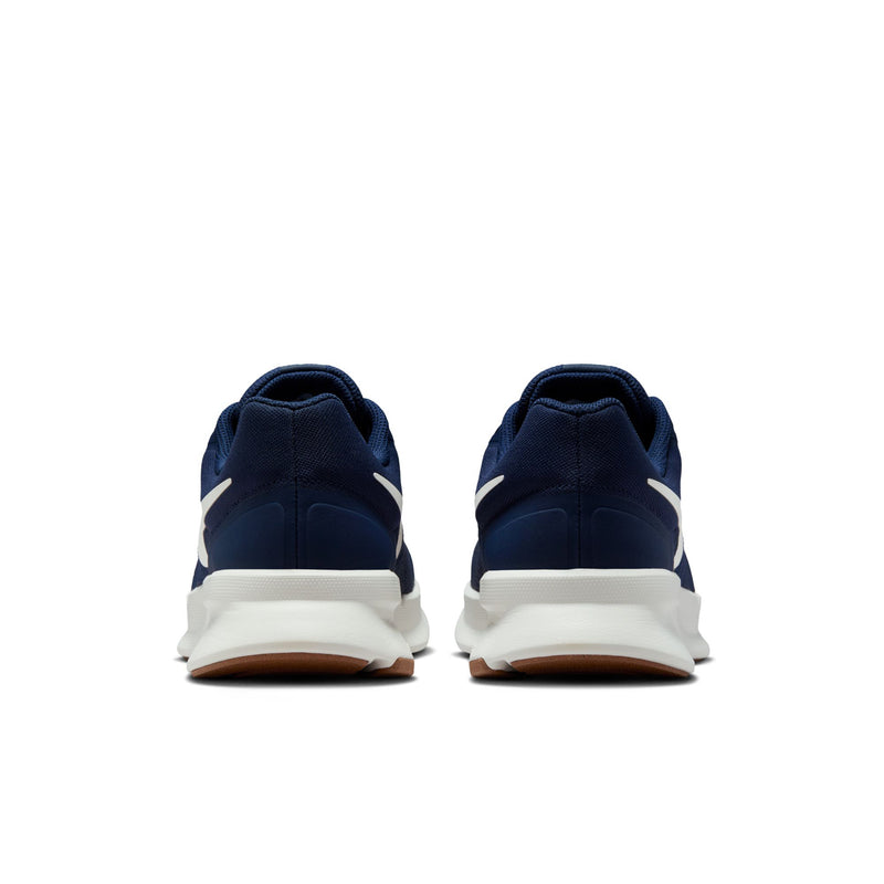 Men's midnight navy running shoes, heel view, white midsole and gum accent
