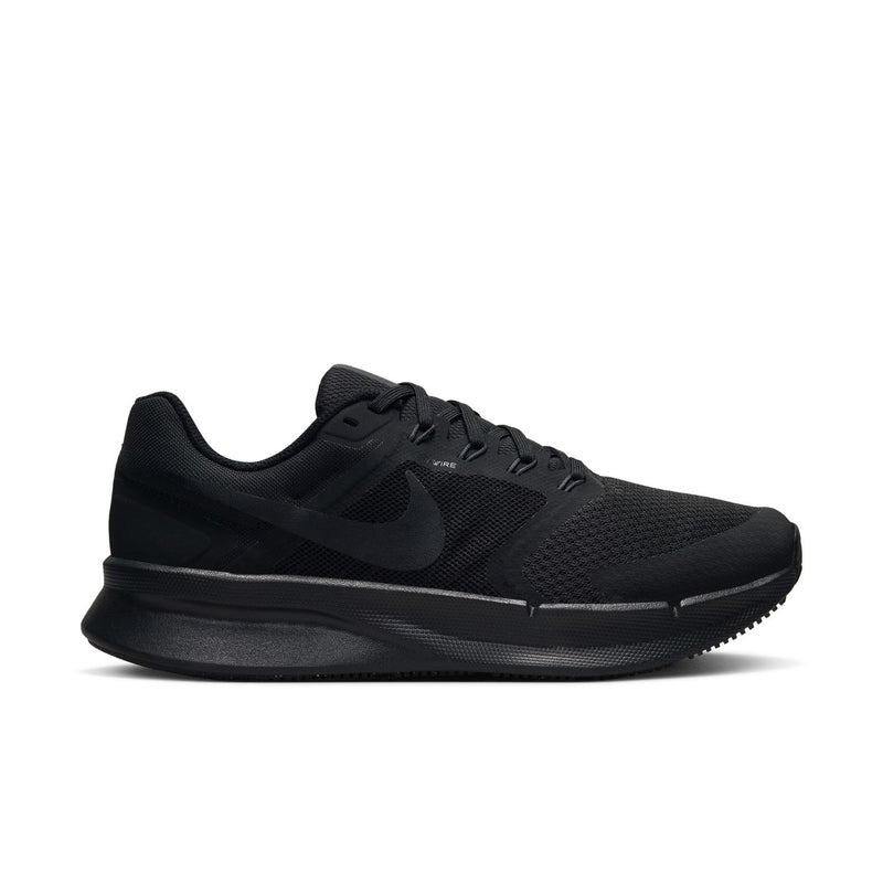 Black lace-up running shoe with swoosh logo and low-profile midsole