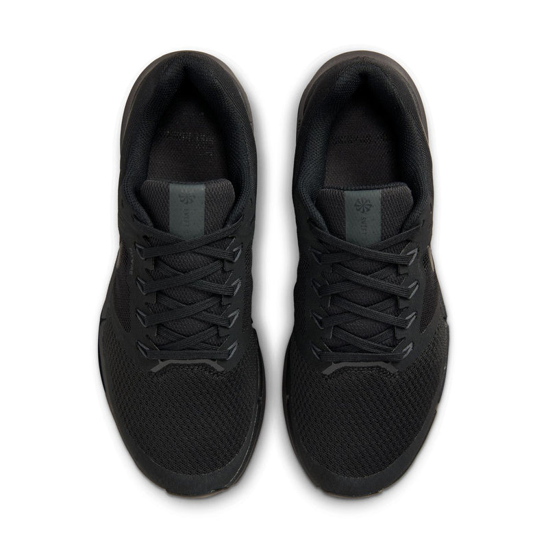 Black running shoe tongue and laces with contrast insole detail at back