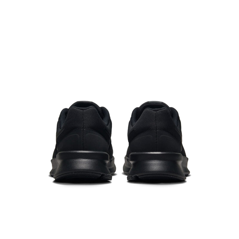 Black running shoe heel view with rear straps and cushioned back padding