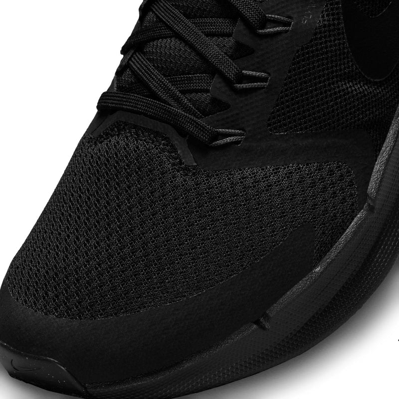 Black mesh running shoe upper with lace-up closure and padded collar