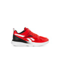 Kids lace-up running shoe in red with white Reebok logo and black heel trim