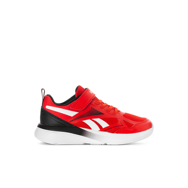 Kids lace-up running shoe in red with white Reebok logo and black heel trim