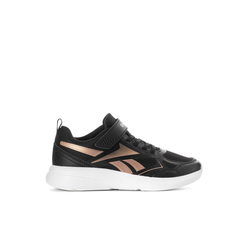 Kids black running shoe with rose accent, hook-and-loop strap, and white sole