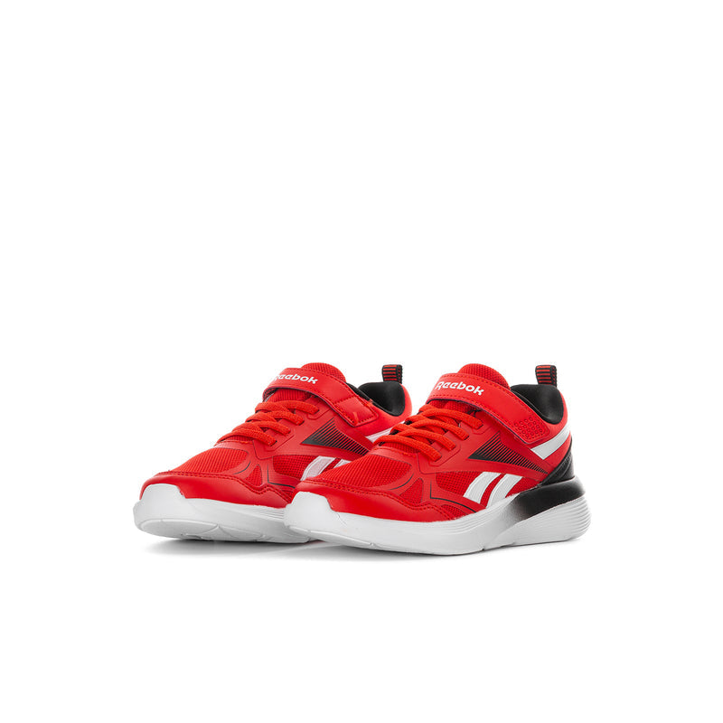 Kids red running sneakers with white stripes, black heel panel, and cushioned sole