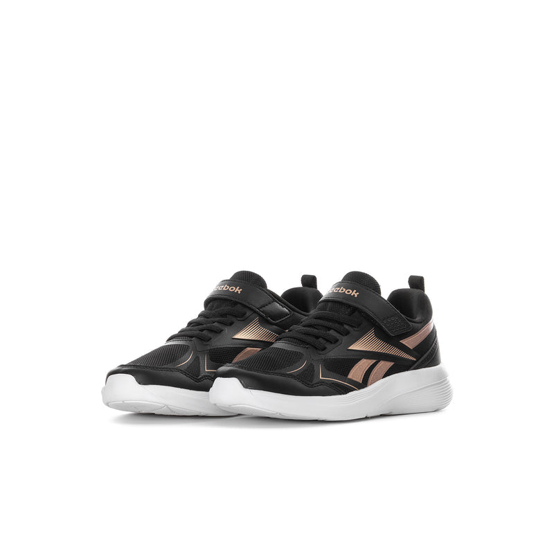 Kids black and rose running shoes with hook-and-loop strap and cushioned white midsole