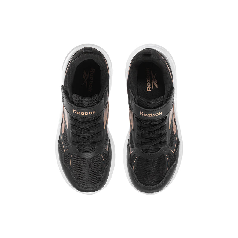 Kids black running shoes with laces and Reebok logo on the tongue