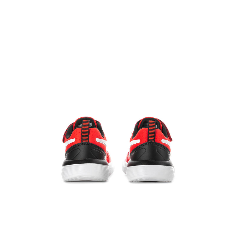 Kids red and black running shoes with white midsoles and lace-up front