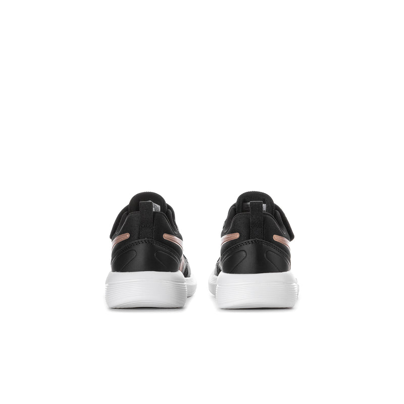 Kids black running shoes rear view with padded heel and white midsole