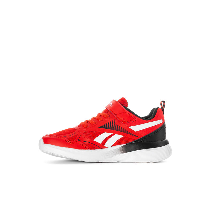 Kids red lace-up sneaker with white side stripes, black accents, and white outsole