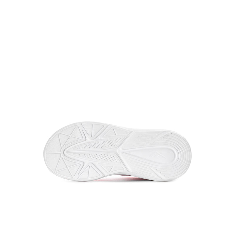 Kids sneaker outsole view with textured tread and white rubber bottom