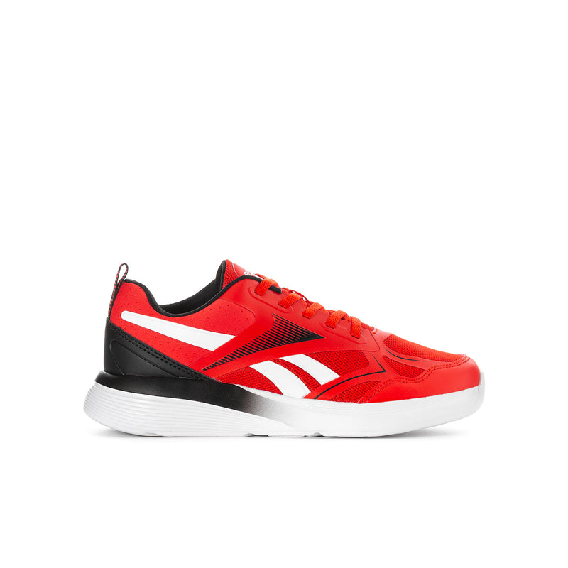 Youth red running shoes with white Reebok-style stripes and black heel panel