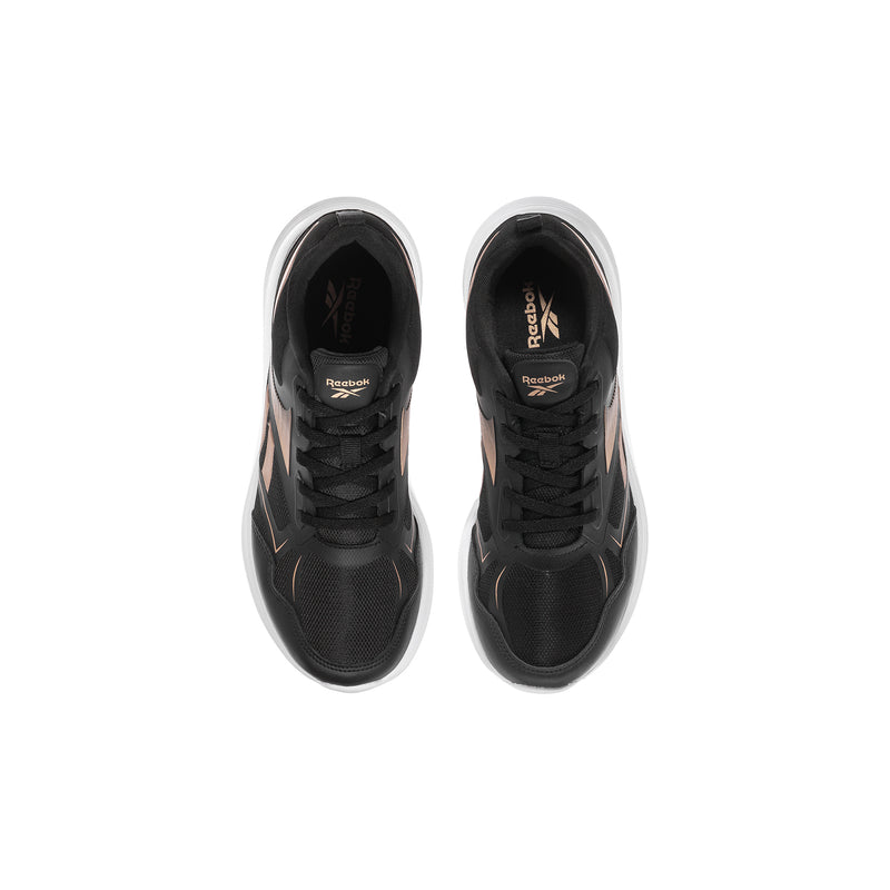 Youth black lace-up running shoes with Reebok branding at the inner collar