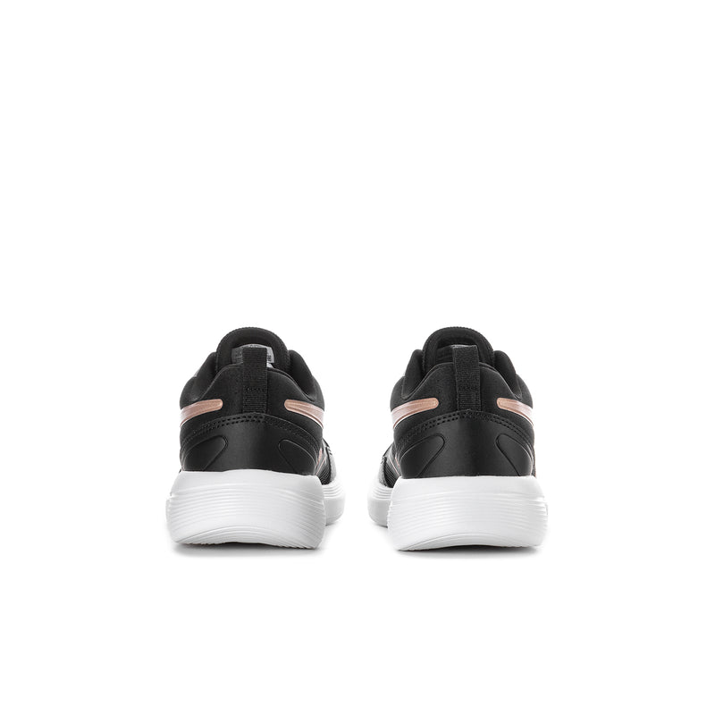 Youth black sneakers with heel pull tab, rose gold stripe, and cushioned white sole