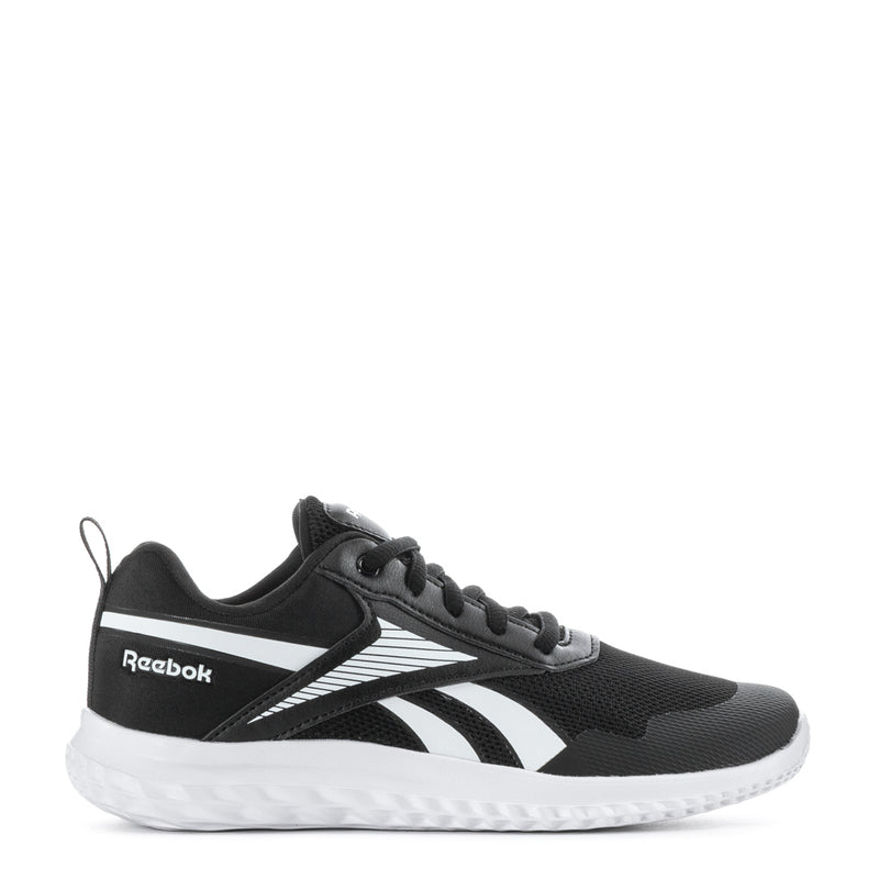 Kids black mesh running sneaker with Reebok logo, white stripes, white sole