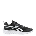 Kids black mesh running sneaker with Reebok logo, white stripes, white sole