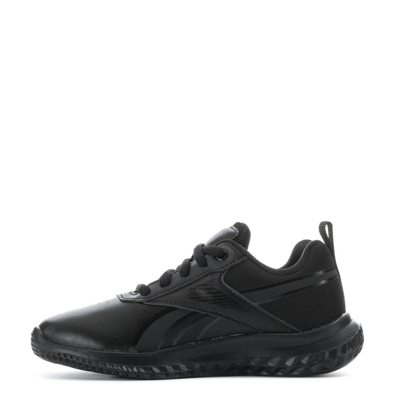 Black kids lace-up sneaker, side view with logo stripe details and grippy outsole tread