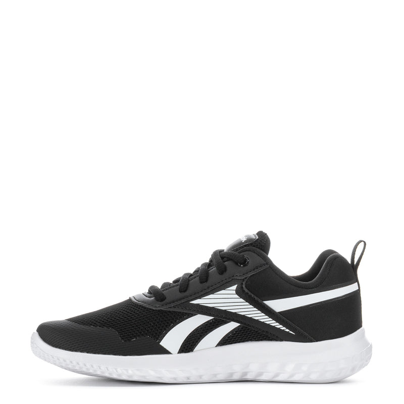 Kids black running sneaker with white side stripes and lace-up design, white sole