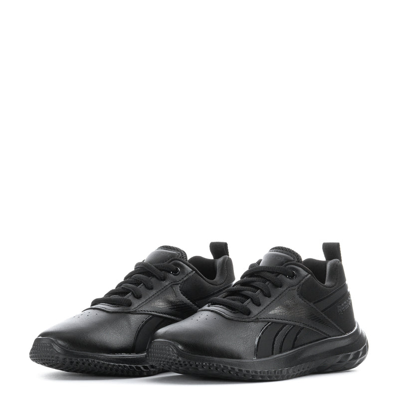 Pair of black kids lace-up sneakers with textured outsoles and padded collars