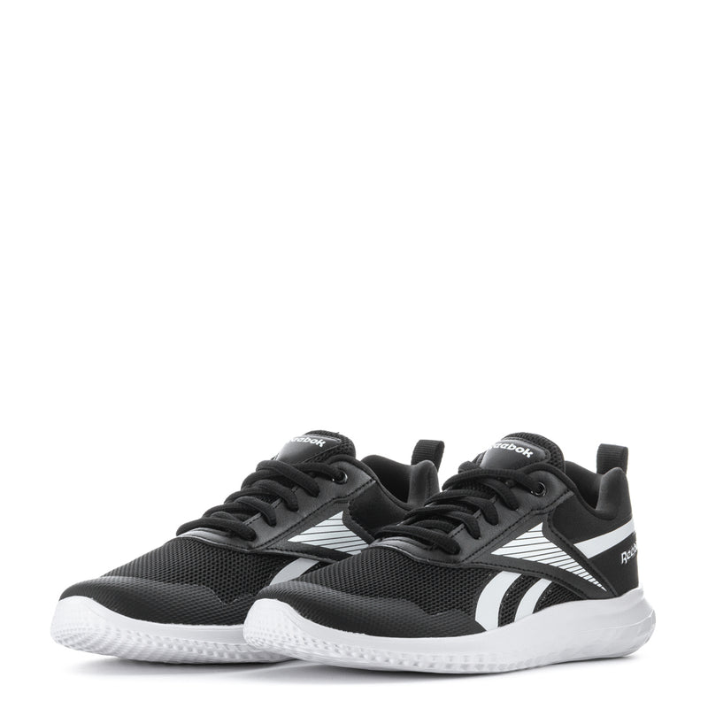 Kids black-and-white running sneakers, pair view, Reebok branding on tongues