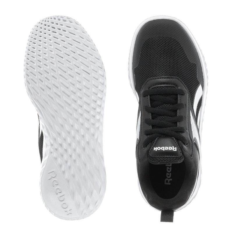 Kids black sneaker outsole and tongue view, lace-up with white sole