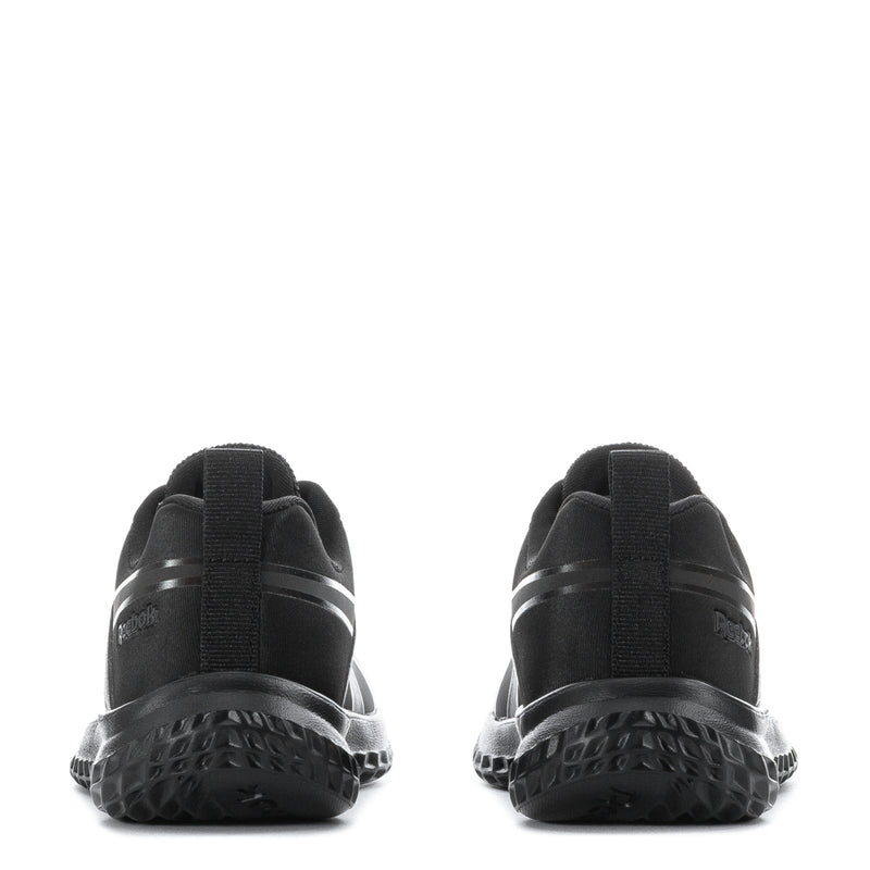 Black kids lace-up sneaker heel view with padded collar and textured rubber outsole