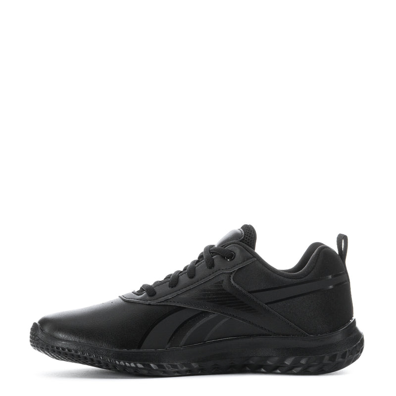 Youth Reebok Rush Runner sneakers, black upper with side stripes and thick rubber sole