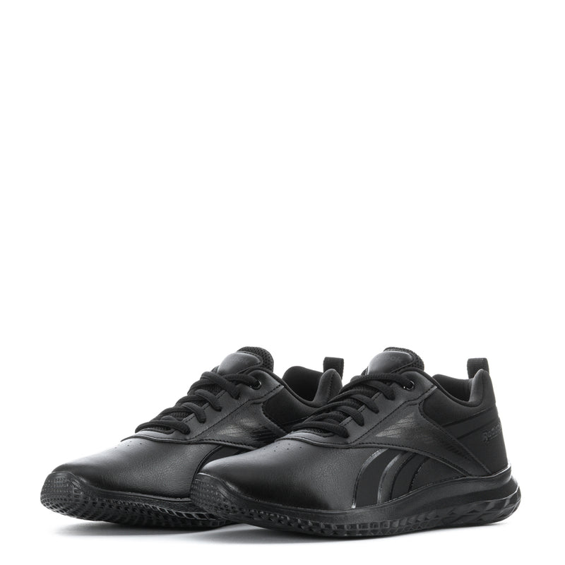 Youth Reebok Rush Runner sneakers, black leather-look with lace-up vamp and tread sole