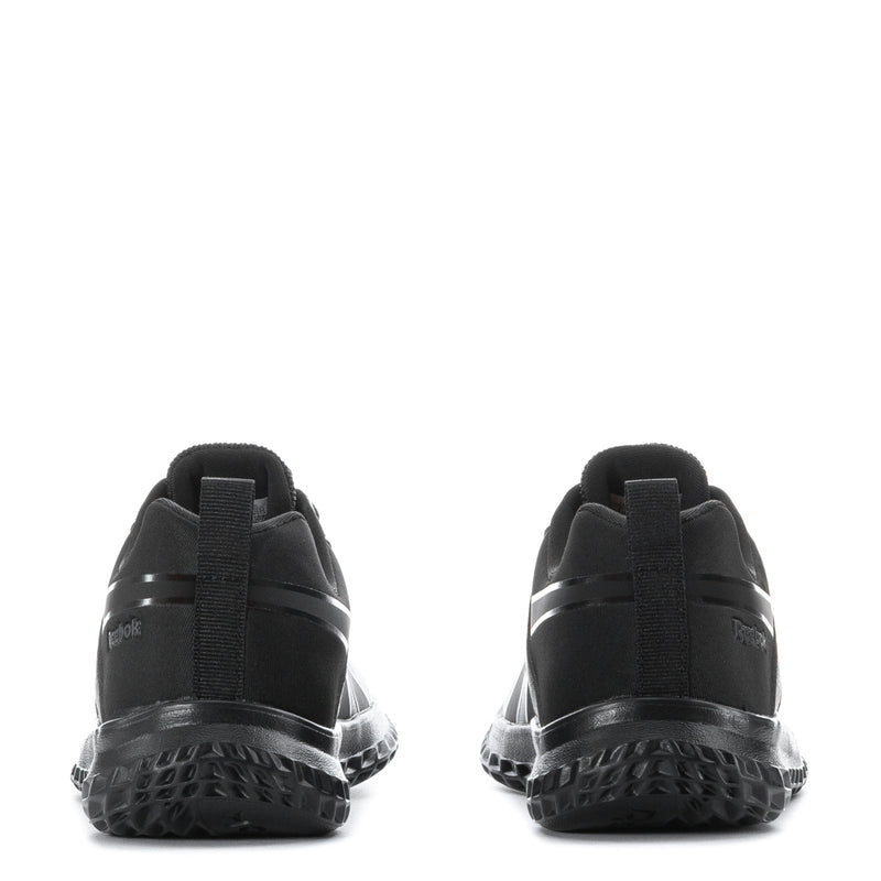 Youth Reebok Rush Runner sneakers, black with heel tabs and chunky tread sole