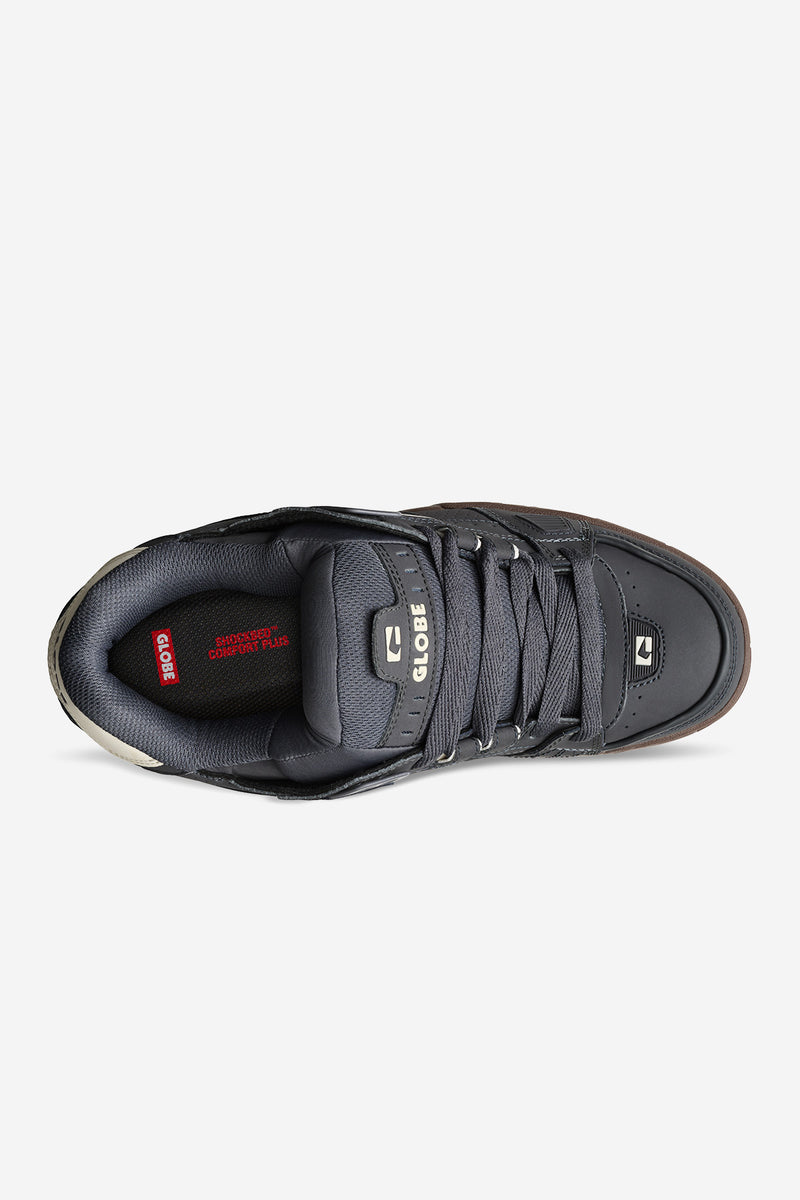Top view of Sabre skate style shoe in dark gray with laces, red inner lining and Globe branding.