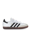 Kids white and black sneakers with three striped side, lace-up front, gum-brown sole