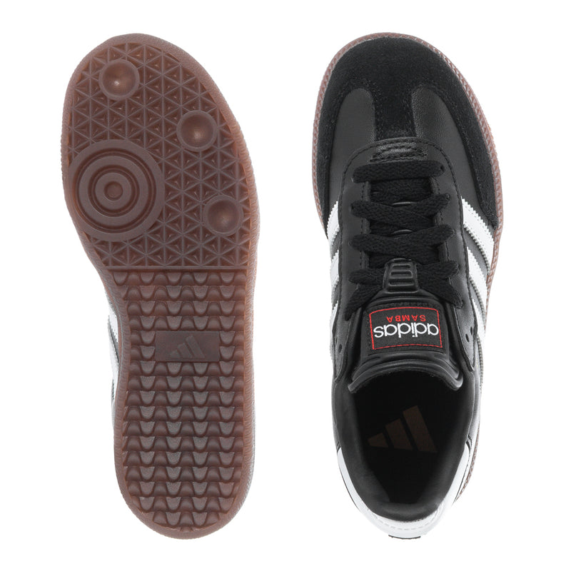 Kids' Samba Classic sneaker soles view, gum-brown rubber tread and black upper