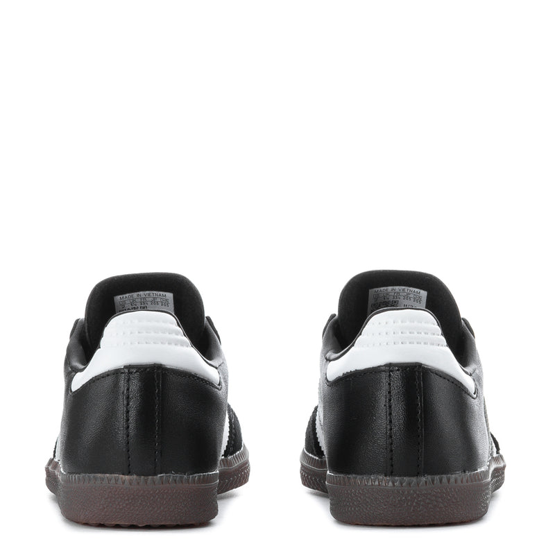 Kids' Samba Classic heel view, black leather with white collar lining and brown sole