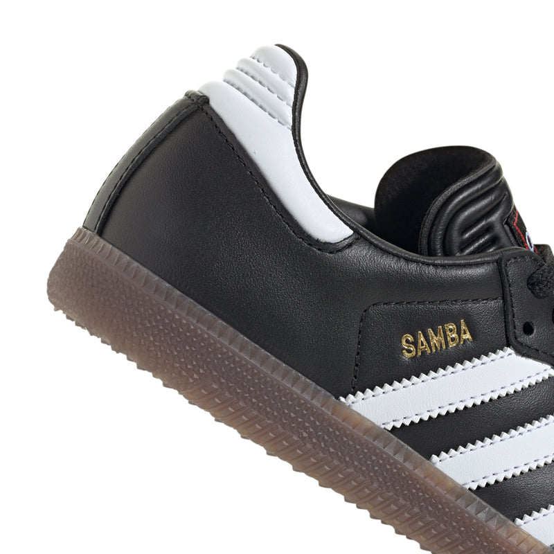 Kids' Samba Classic side view, black upper with white stripes and padded collar