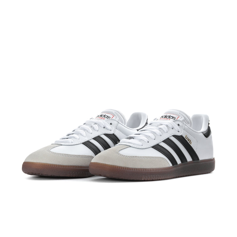 Men's adidas Samba Classic sneakers, white uppers with black stripes; gum sole visible