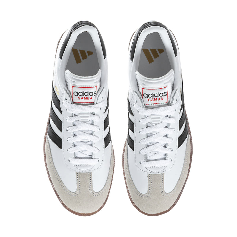 Men's adidas Samba Classic sneakers, white leather uppers with black heel stripes; lace-up